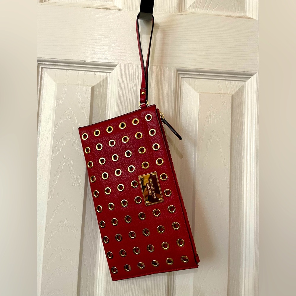 Michael Kors Red Leather Gold Studded Wristlet